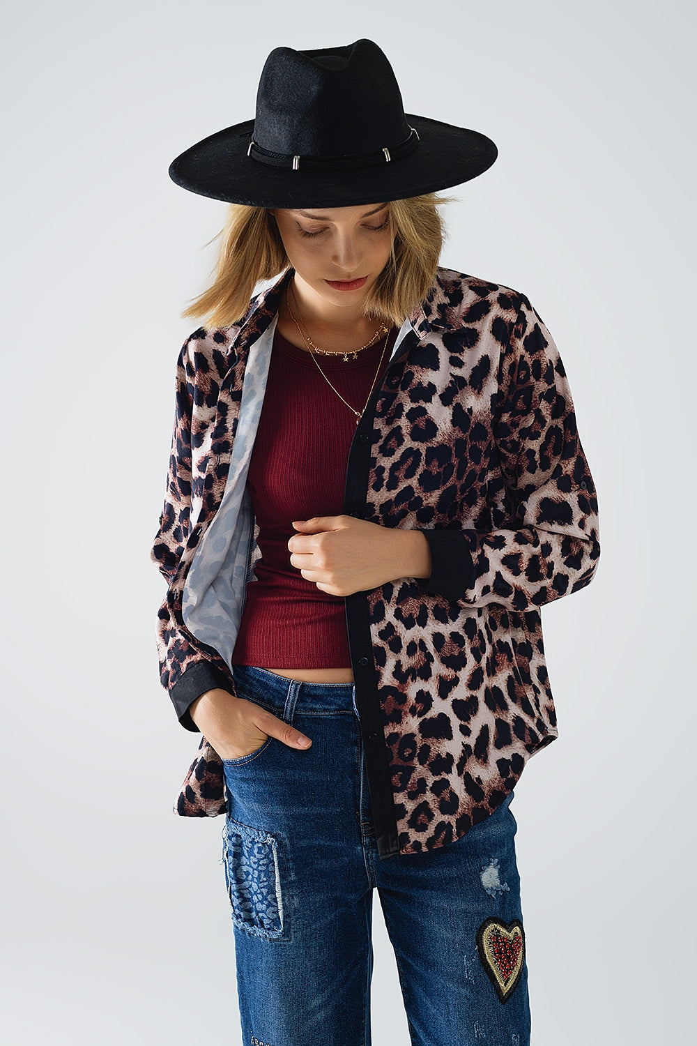 leopard shirt with black satin detail Q2 Shirts BoutiqueLua