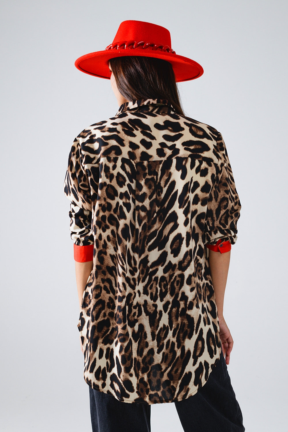 Leopard Shirt WIth Red Button Placket And Red Sleeves Detail Q2 Shirts BoutiqueLua