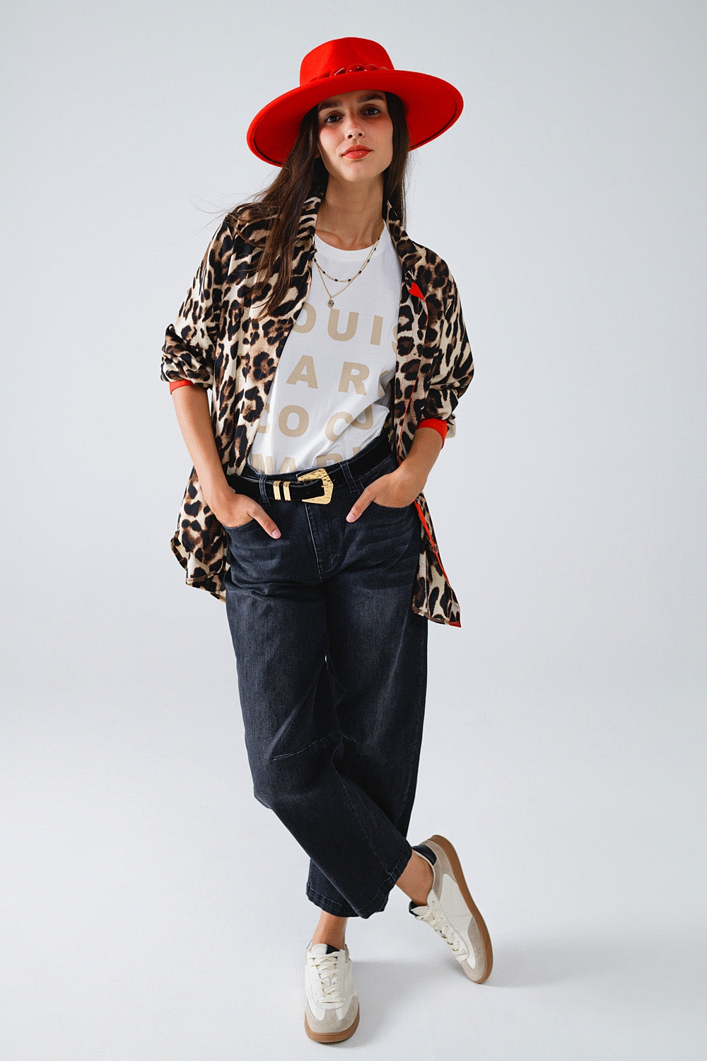 Leopard Shirt WIth Red Button Placket And Red Sleeves Detail Q2 Shirts BoutiqueLua