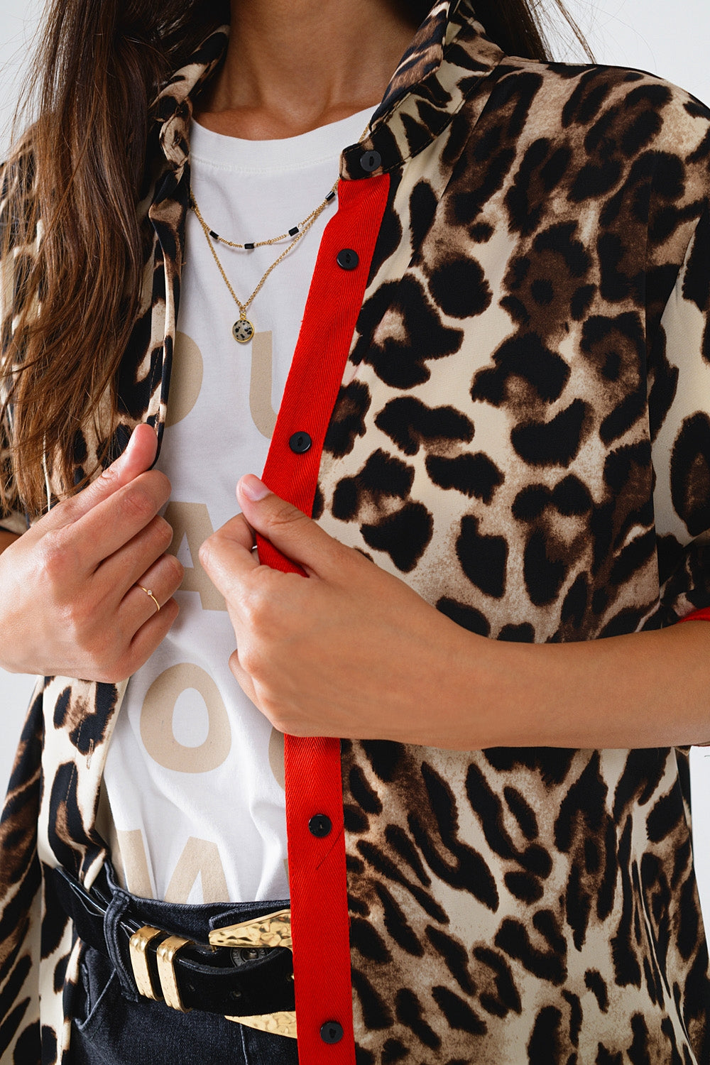 Leopard Shirt WIth Red Button Placket And Red Sleeves Detail Q2 Shirts BoutiqueLua