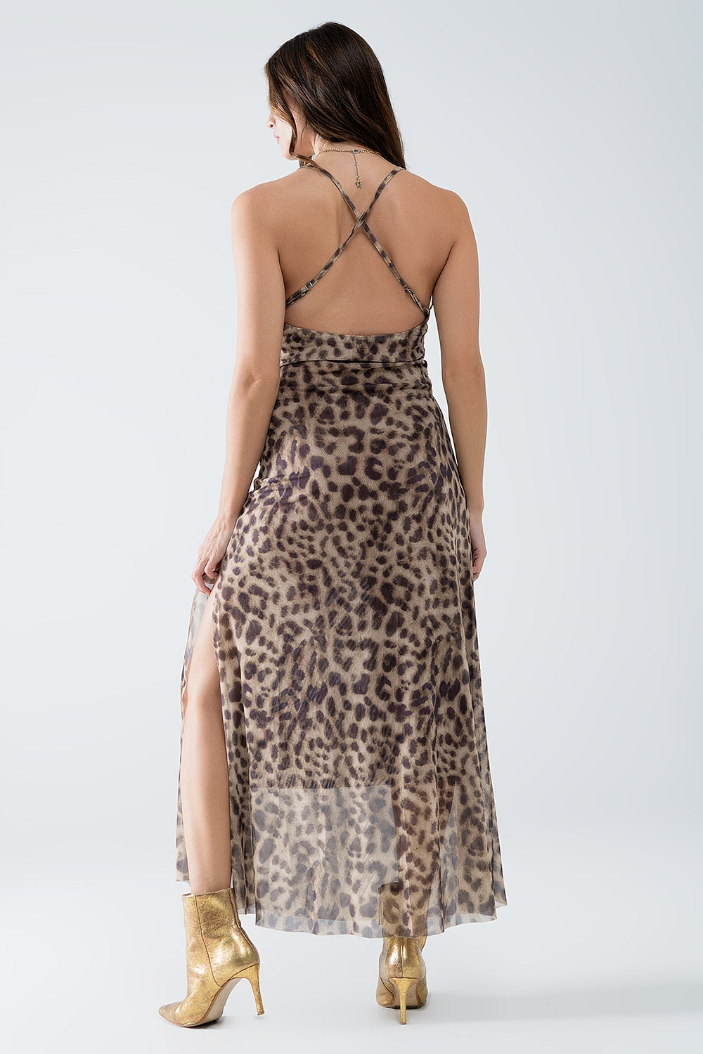 Leopard strap dress in mesh fabric