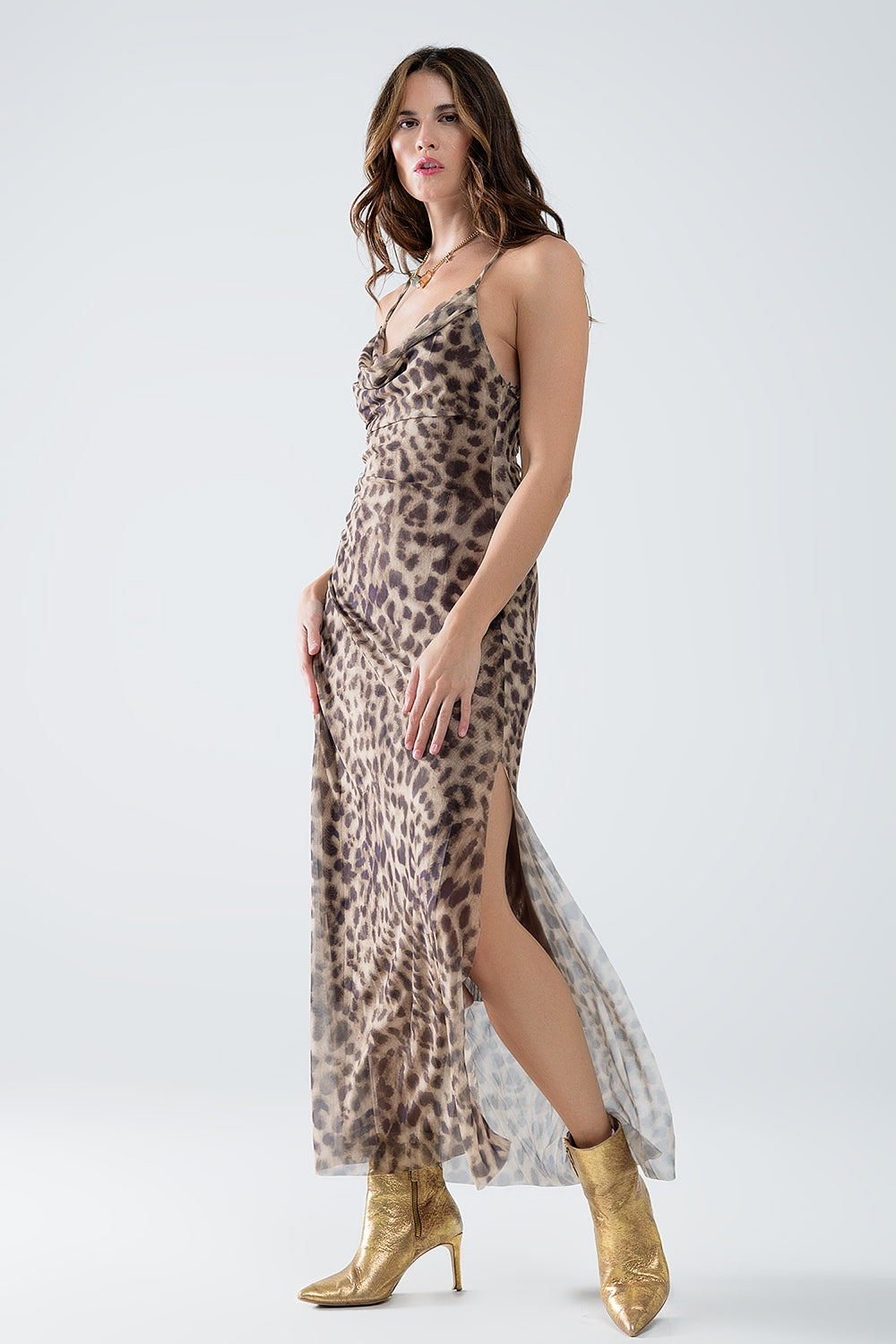 Leopard strap dress in mesh fabric