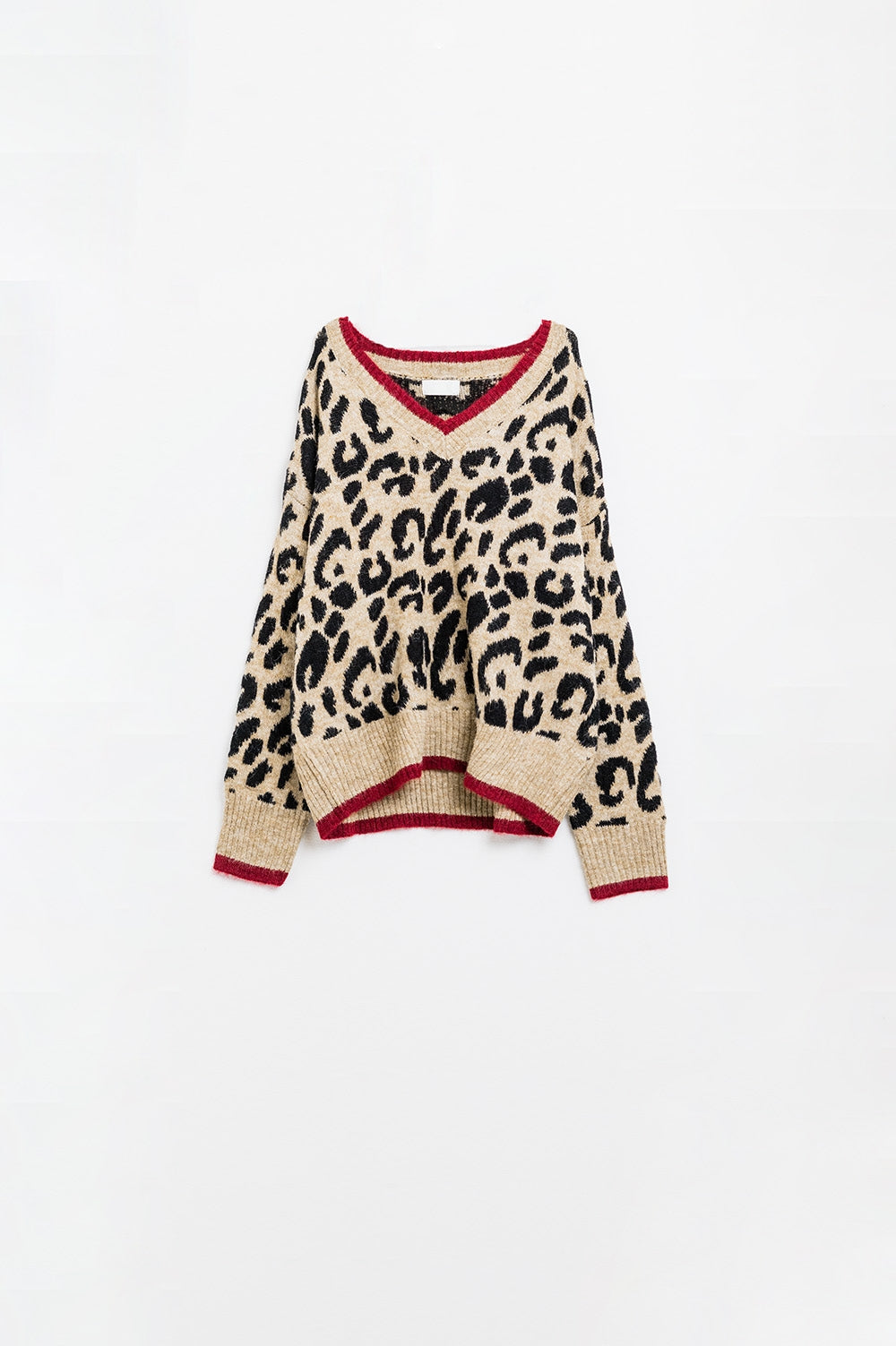 Q2 Leopard V-neck sweater with red line detail