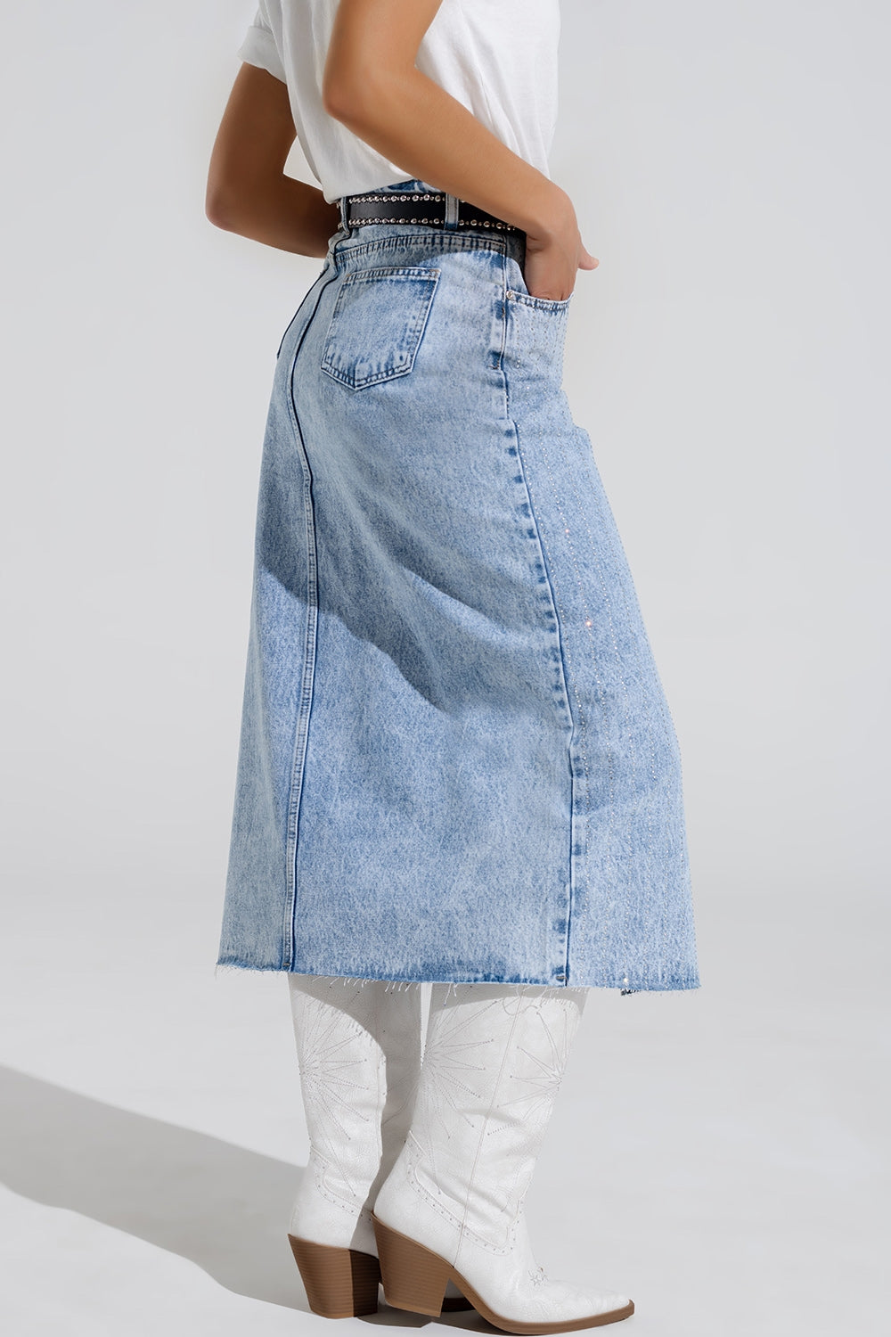 Light Denim Midi Skirt With Front Slit And Diamante Embellishment Q2 Skirts BoutiqueLua