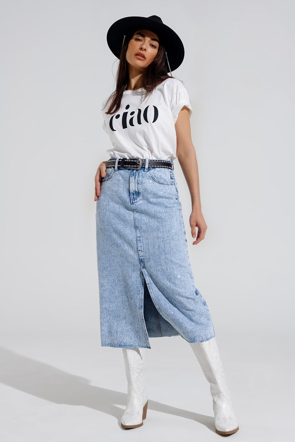 Light Denim Midi Skirt With Front Slit And Diamante Embellishment Q2 Skirts BoutiqueLua