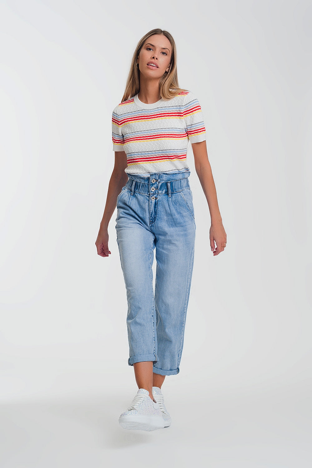 Light denim straight jeans with big waistband detail Q2 Jeans BoutiqueLua