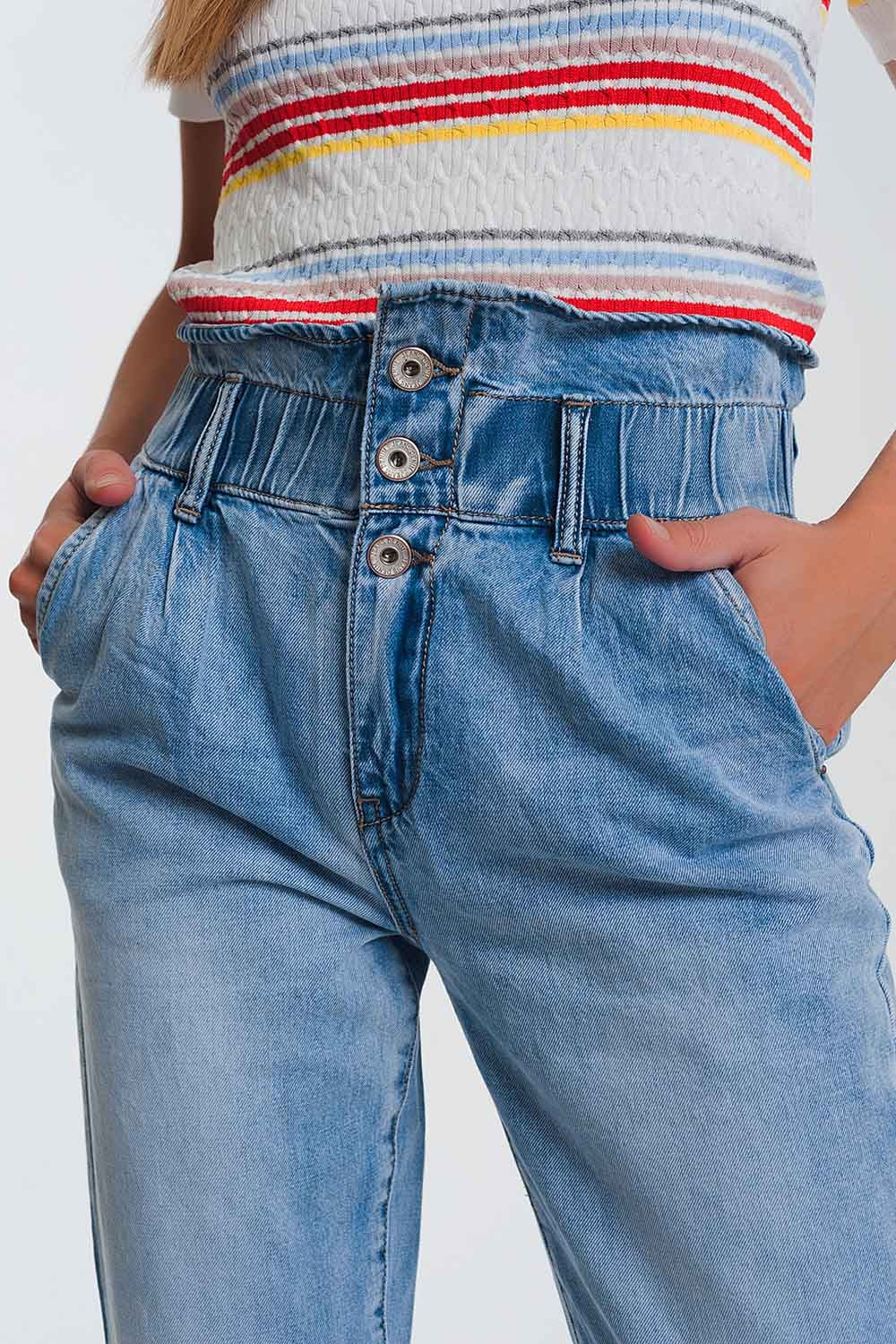 Light denim straight jeans with big waistband detail Q2 Jeans BoutiqueLua