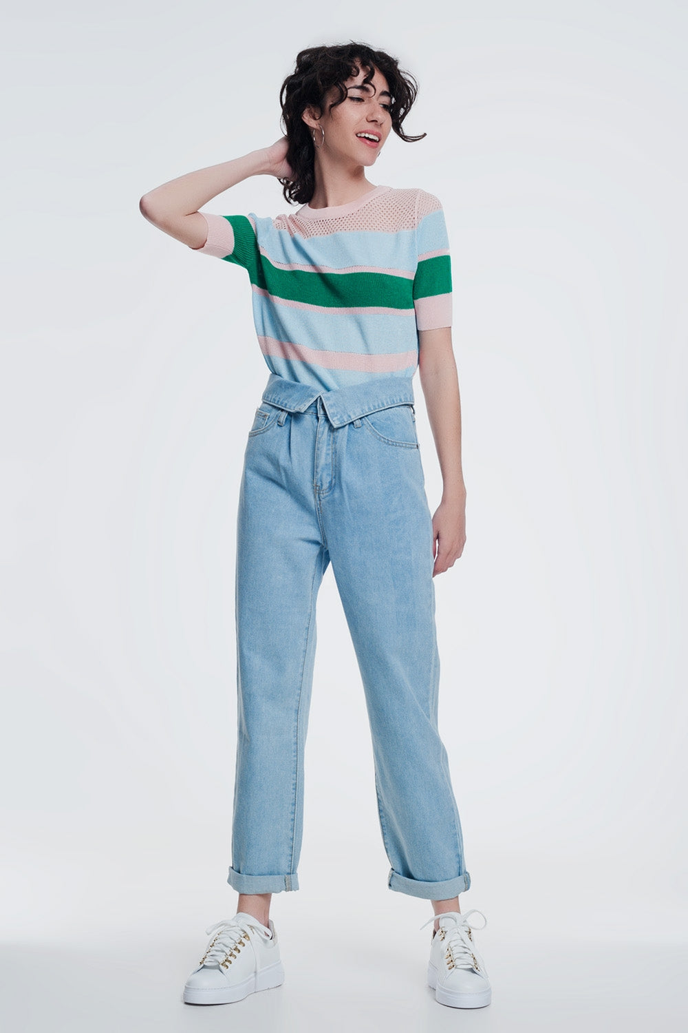 Light denim straight jeans with folded waist Q2 Jeans BoutiqueLua