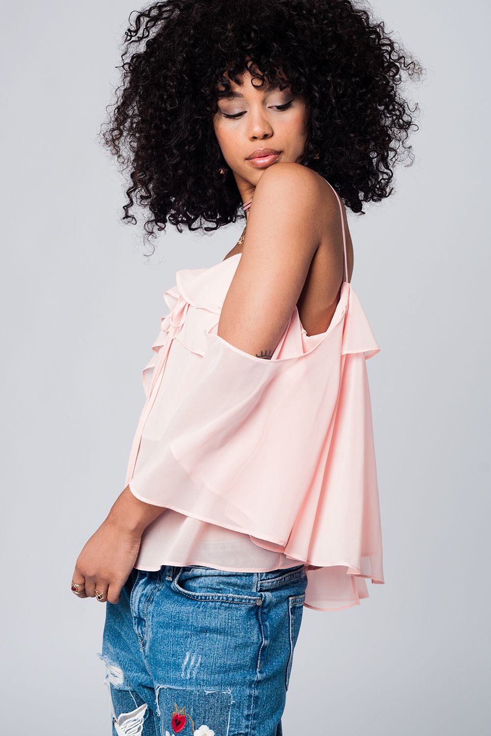 Q2 Light pink cold shoulder top