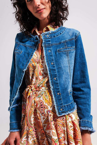 Light wash denim jacket with raw hem edge