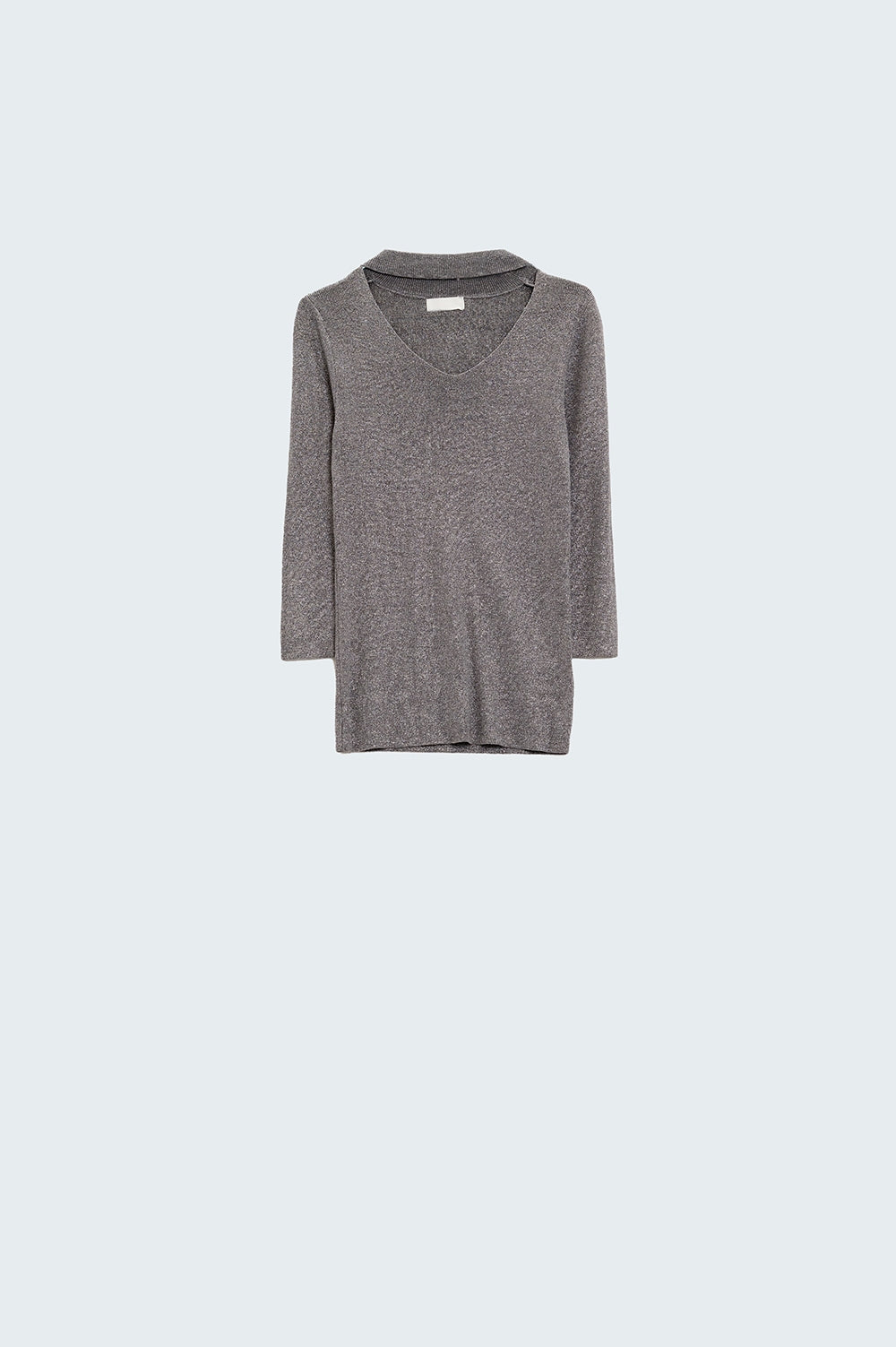 Q2 Lightweight Sweater With High Neck An Open V-Neck Detail in Gray