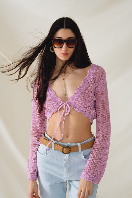 Q2 lilac short crochet cardigan with lurex detail