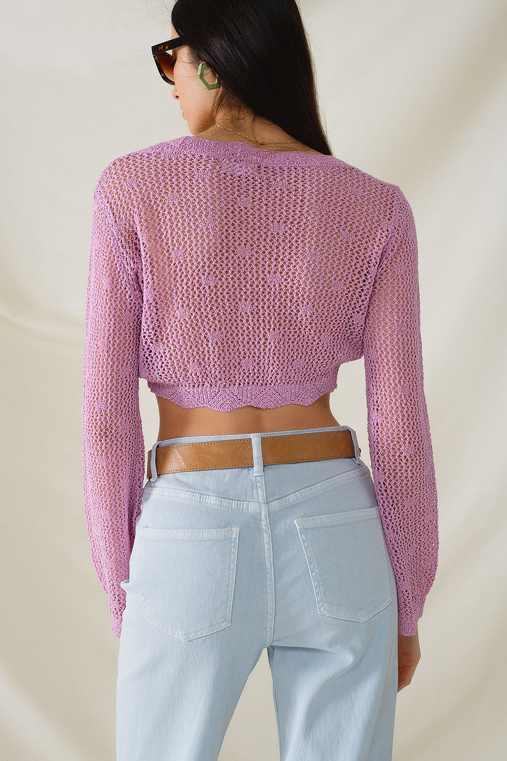 lilac short crochet cardigan with lurex detail