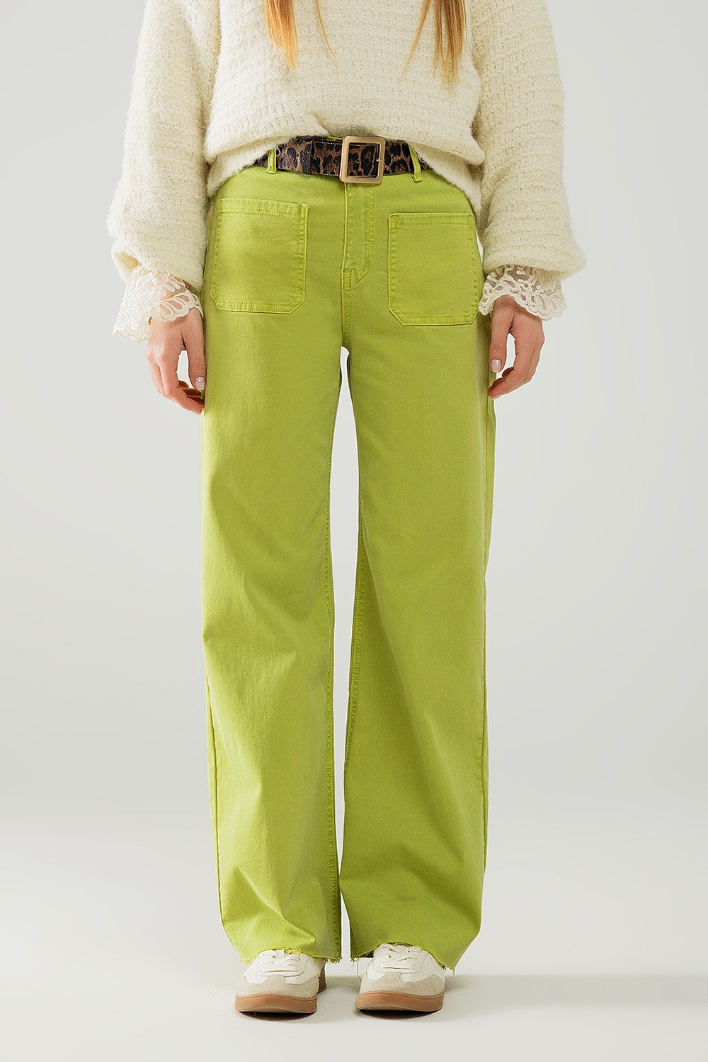 Q2 Lime Green Straight Leg Jeans With Front Pockets