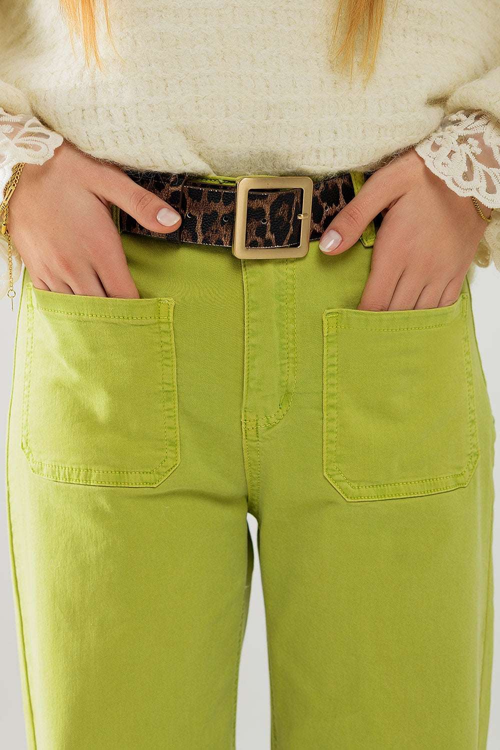 Lime Green Straight Leg Jeans With Front Pockets