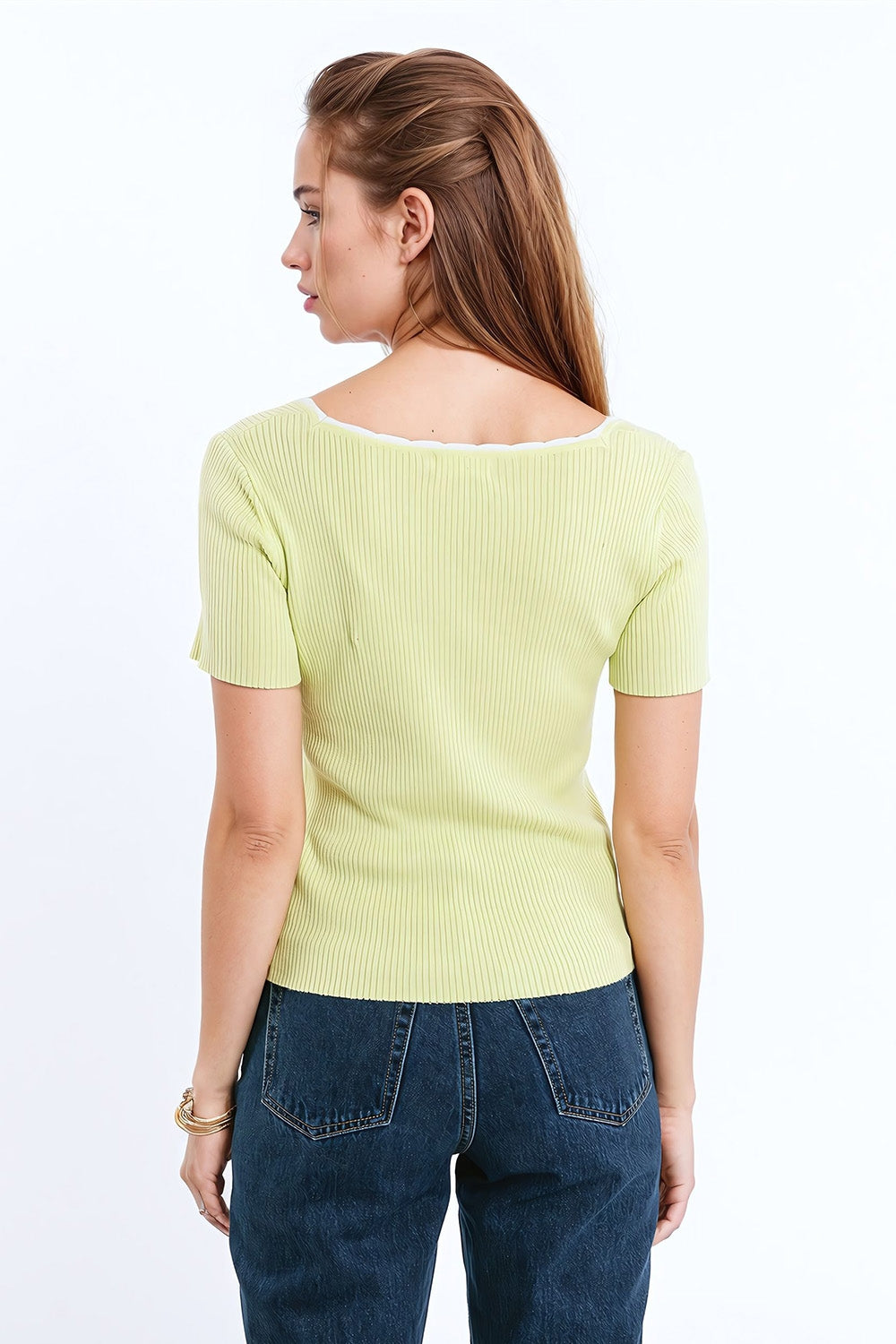 Lime Knitted Short Sleeve Sweater With Square Neck and White Trim Q2 Sweaters BoutiqueLua