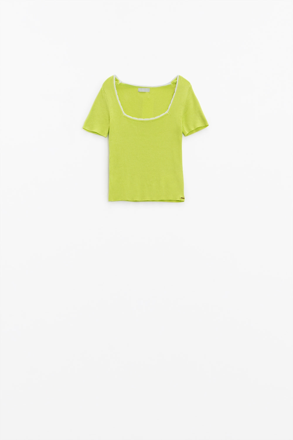 Lime Knitted Short Sleeve Sweater With Square Neck and White Trim Q2 Sweaters BoutiqueLua