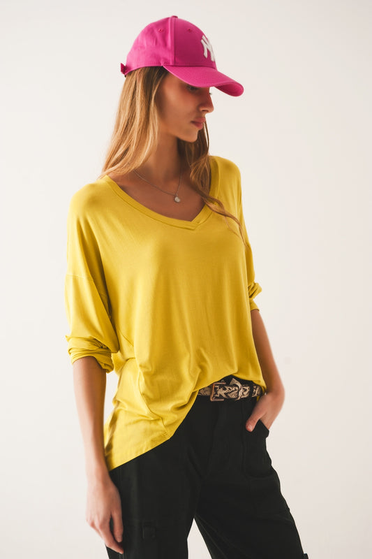 Q2 Lime long sleeve v neck top in modal