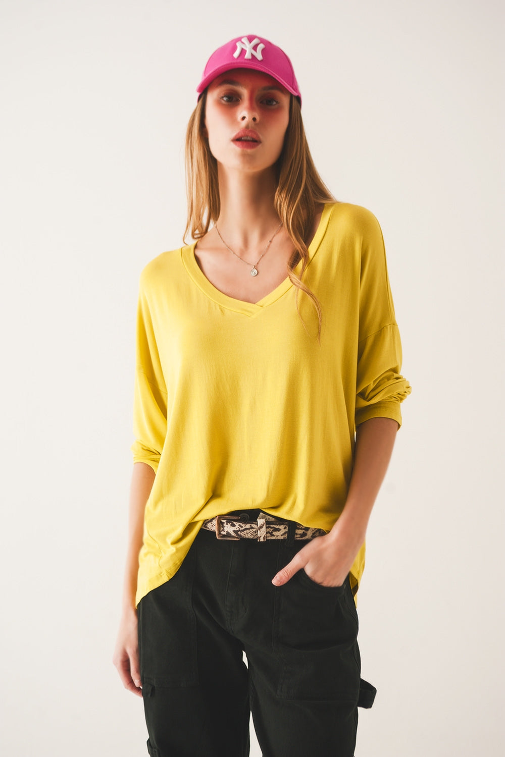 Lime long sleeve v neck top in modal