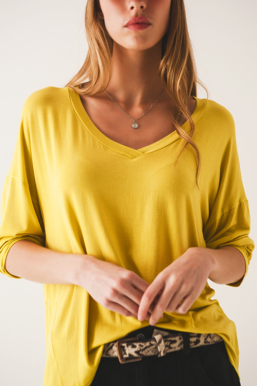 Lime long sleeve v neck top in modal