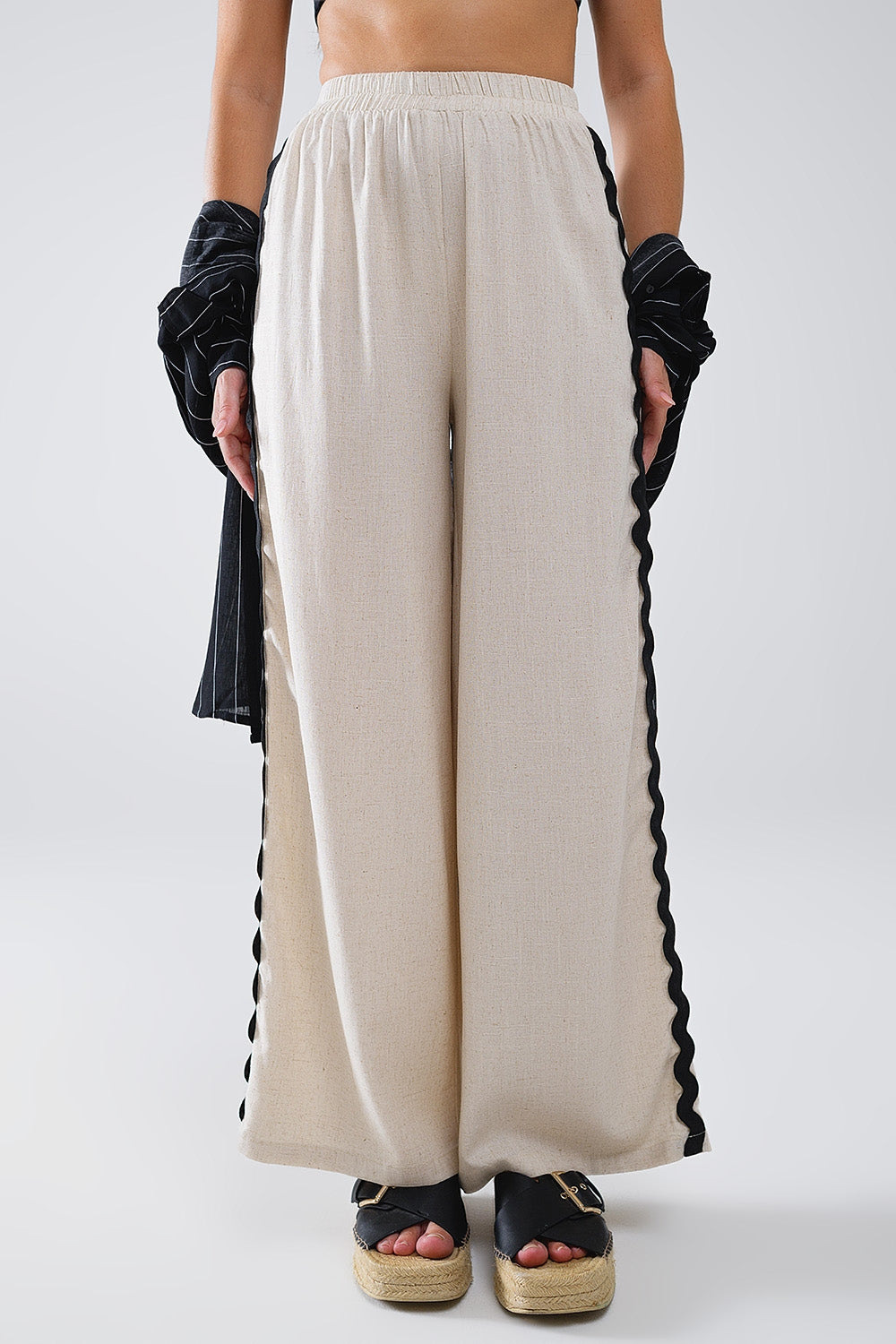 Linen Contrast Scallop Trim Pants in Beige Q2 Pants BoutiqueLua