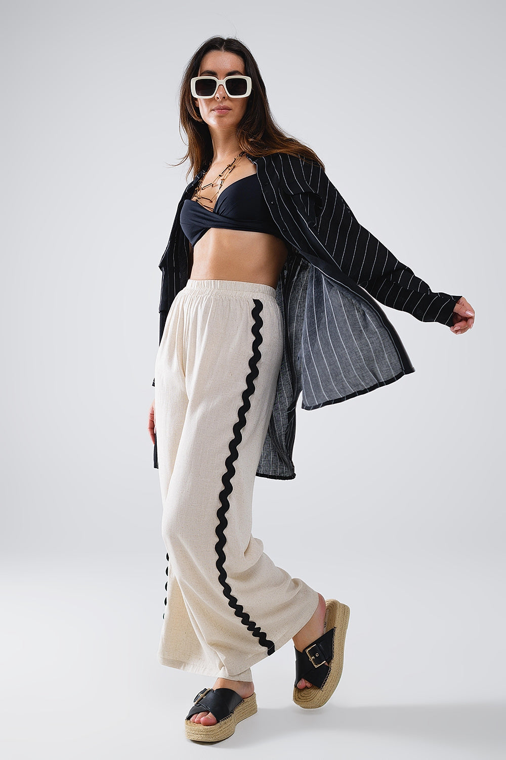 Linen Contrast Scallop Trim Pants in Beige Q2 Pants BoutiqueLua