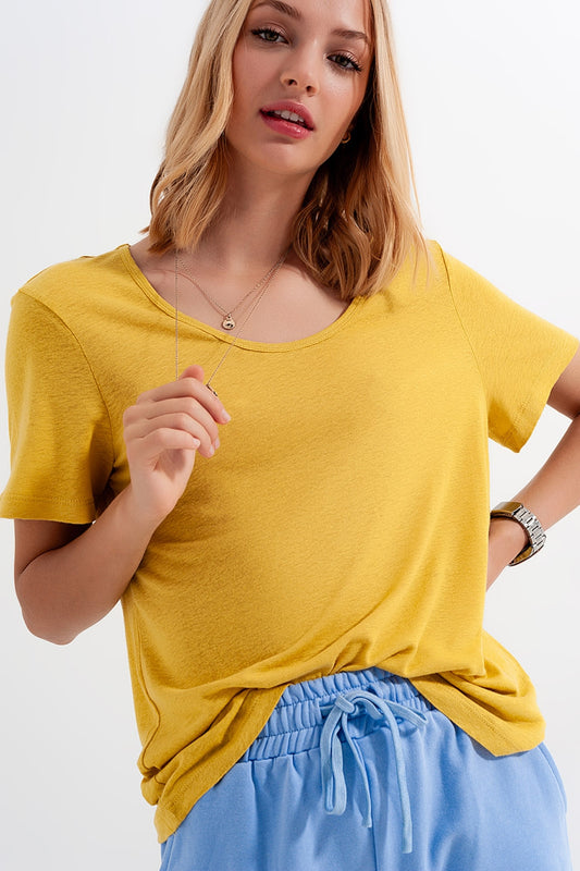 Q2 Linen mix scoop front t-shirt in Yellow