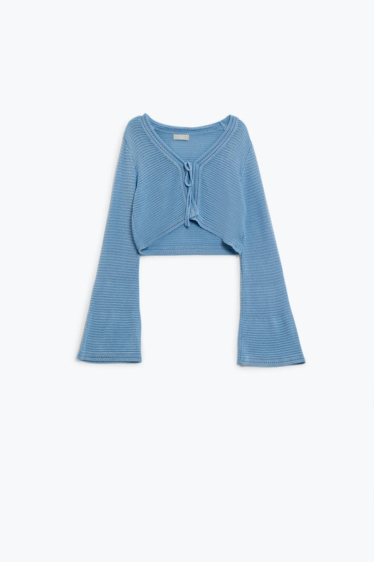 Q2 Long Bell Sleeve Knitted Cardigan in blue With knot detail