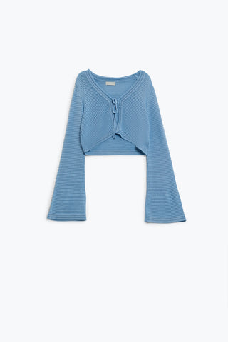 Long Bell Sleeve Knitted Cardigan in blue With knot detail