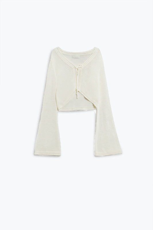 Q2 Long Bell Sleeve Knitted Cardigan in white With knot detail