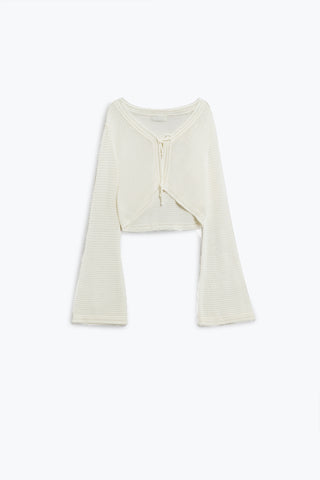 Long Bell Sleeve Knitted Cardigan in white With knot detail