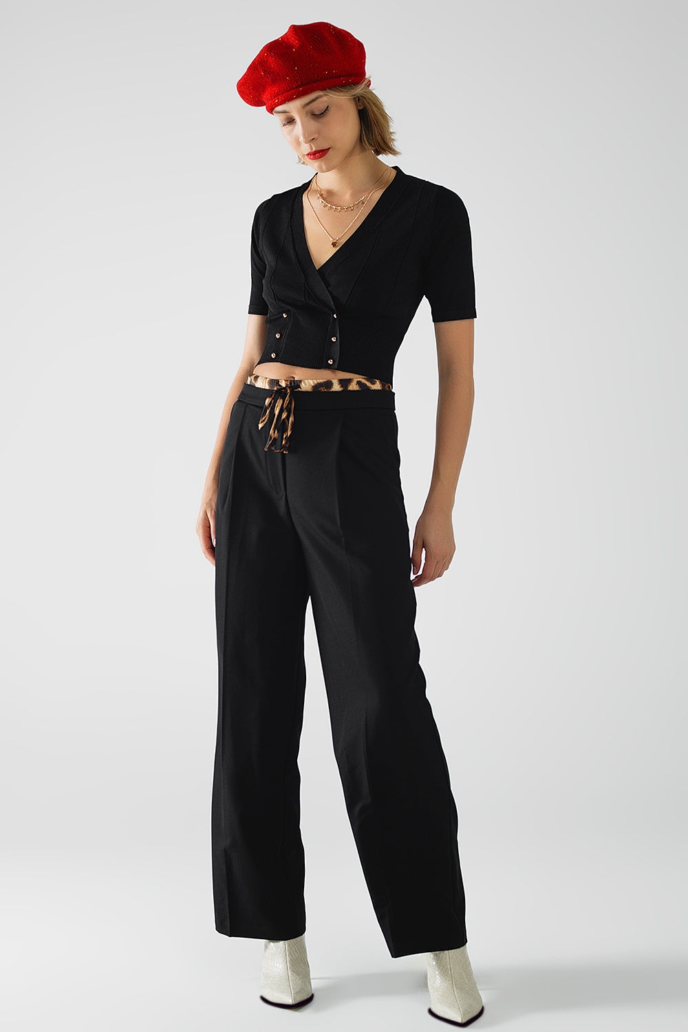 Long black pleated pants with leopard detail at the waist Q2 Pants BoutiqueLua