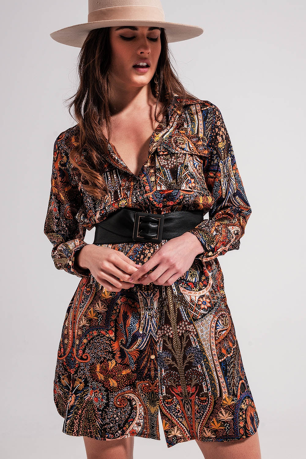 Long Sleeve paisley mini Dress in black Q2 Dresses BoutiqueLua