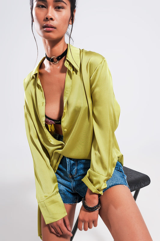 Q2 Long sleeve satin button front shirt in green