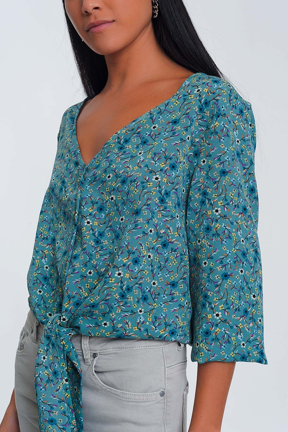 Long sleeve v neck blouse with button detail in green floral print Q2 Shirts BoutiqueLua