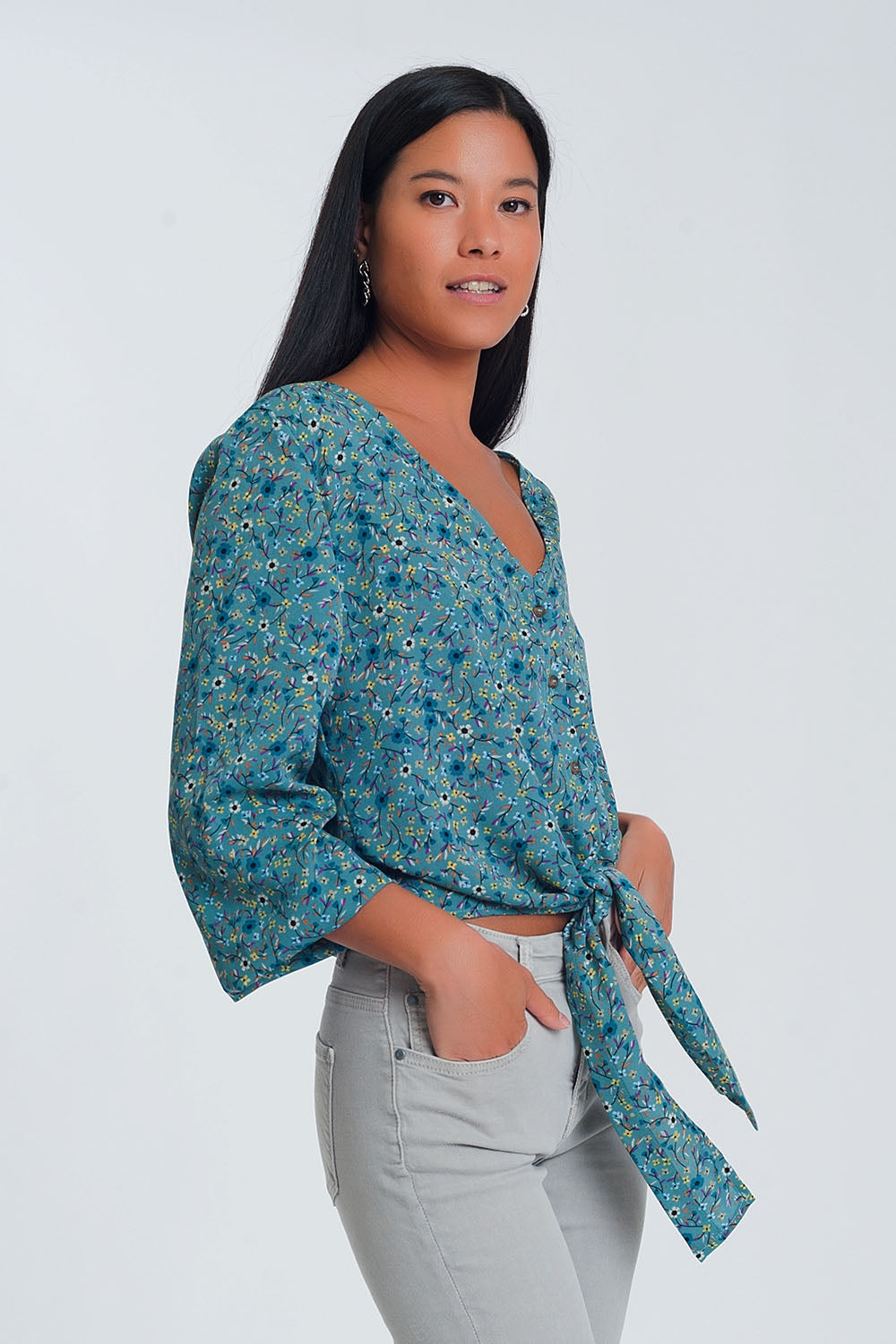 Long sleeve v neck blouse with button detail in green floral print Q2 Shirts BoutiqueLua