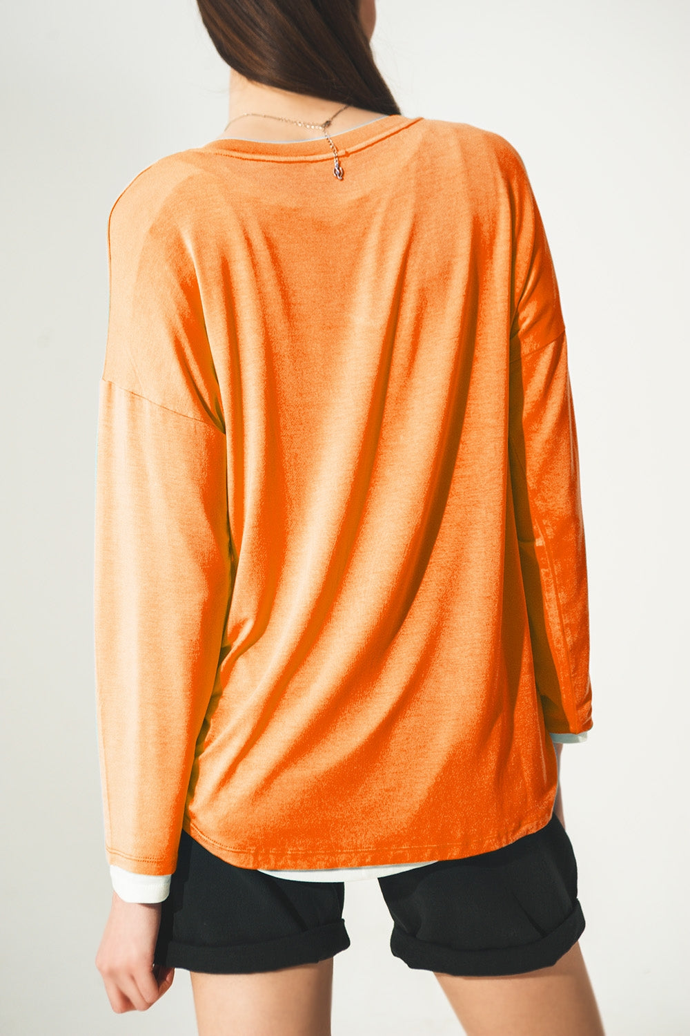 Long sleeve v neck top in modal in Orange Q2 Tops BoutiqueLua