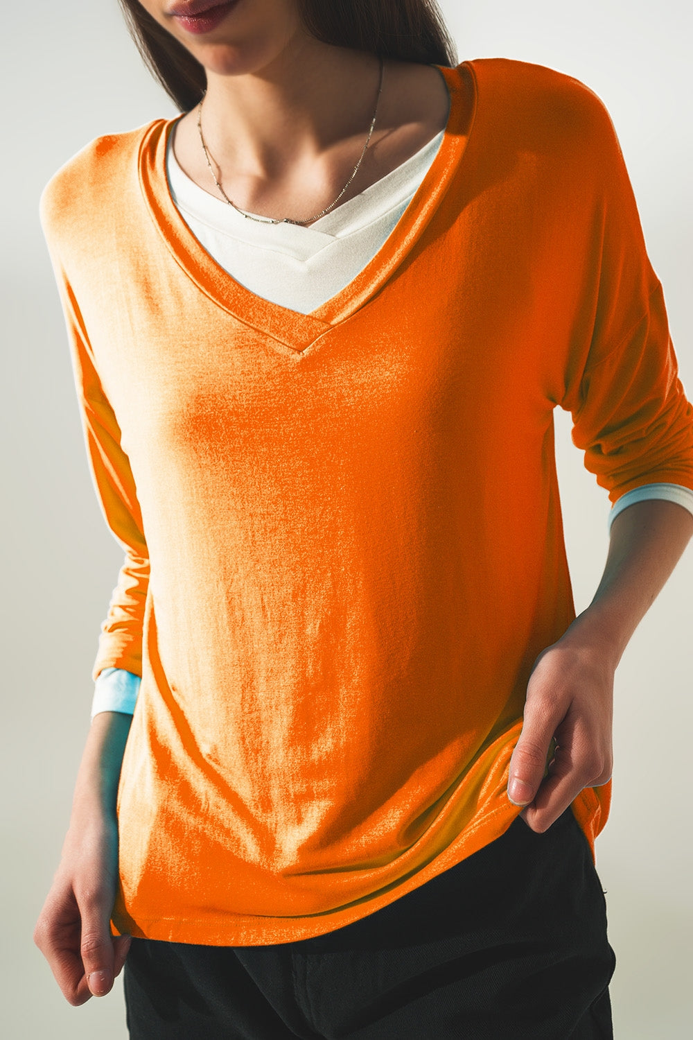 Long sleeve v neck top in modal in Orange Q2 Tops BoutiqueLua