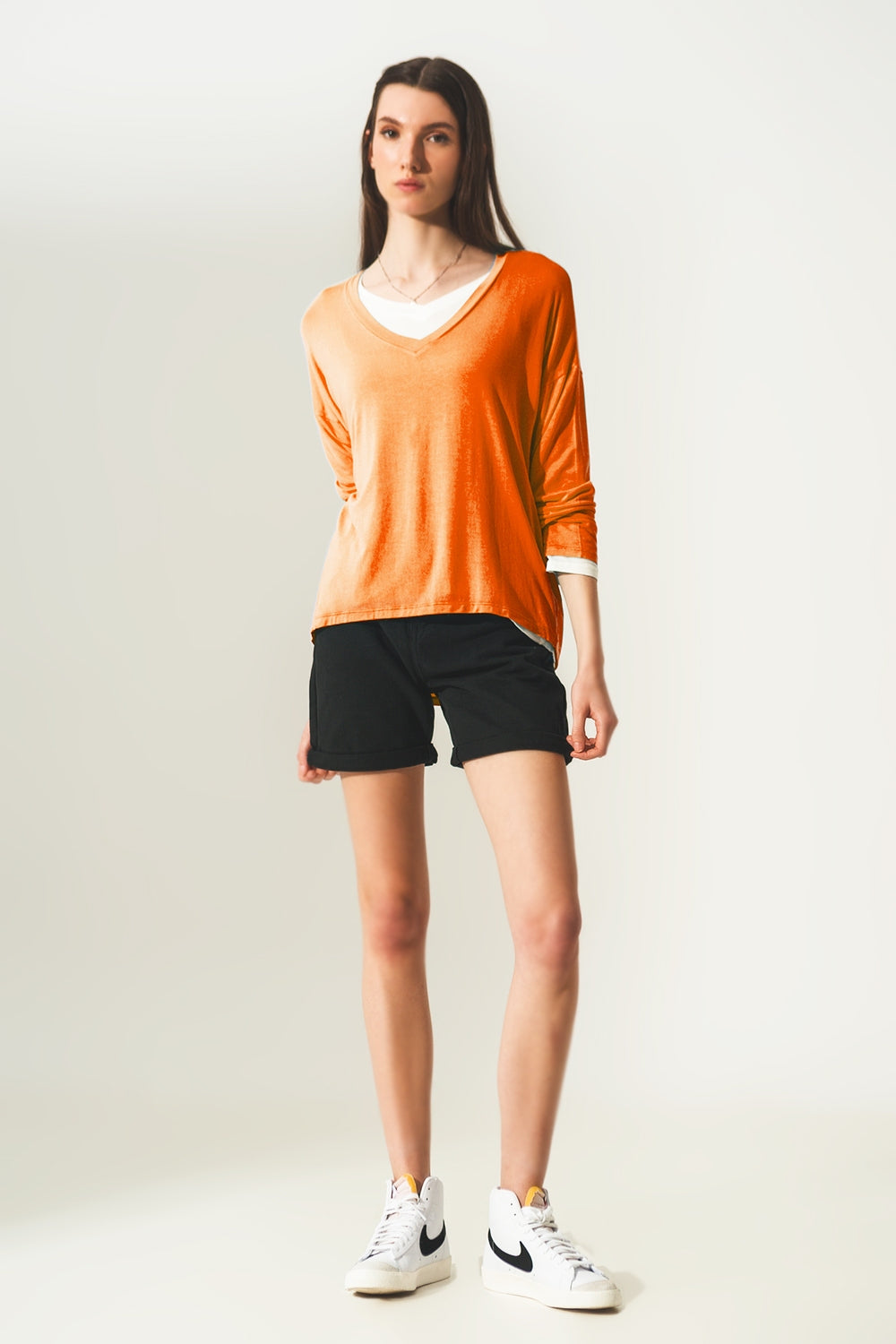 Long sleeve v neck top in modal in Orange Q2 Tops BoutiqueLua