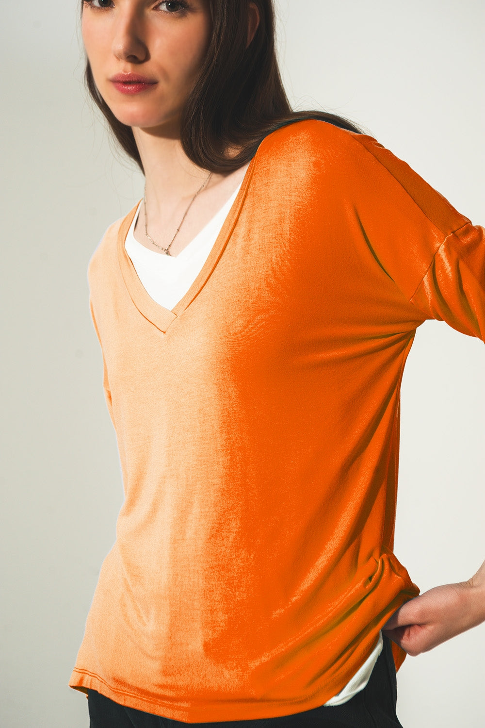 Long sleeve v neck top in modal in Orange Q2 Tops BoutiqueLua