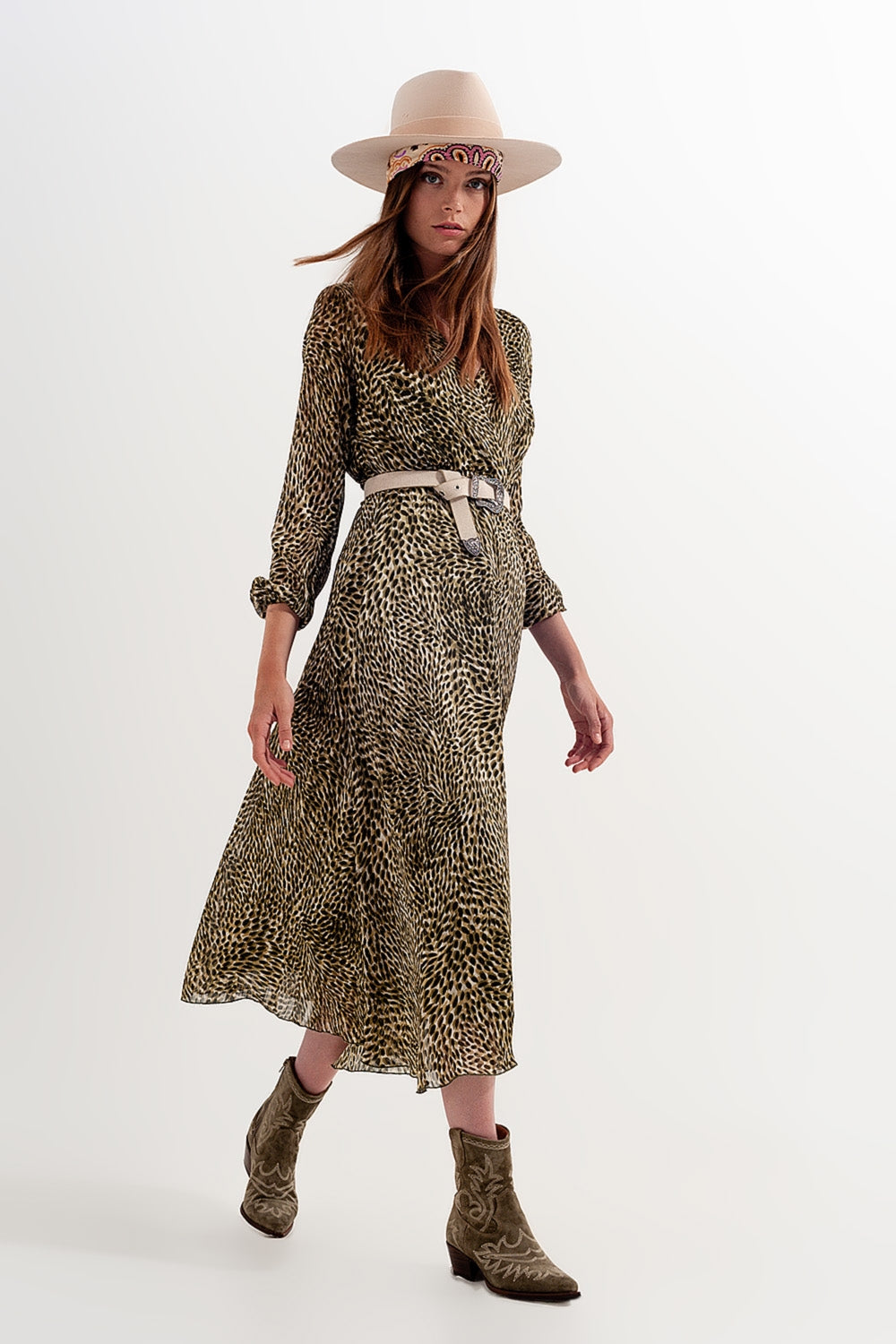 Long sleeve wrap front chiffon dress with belt in shiny print Q2 Dresses BoutiqueLua