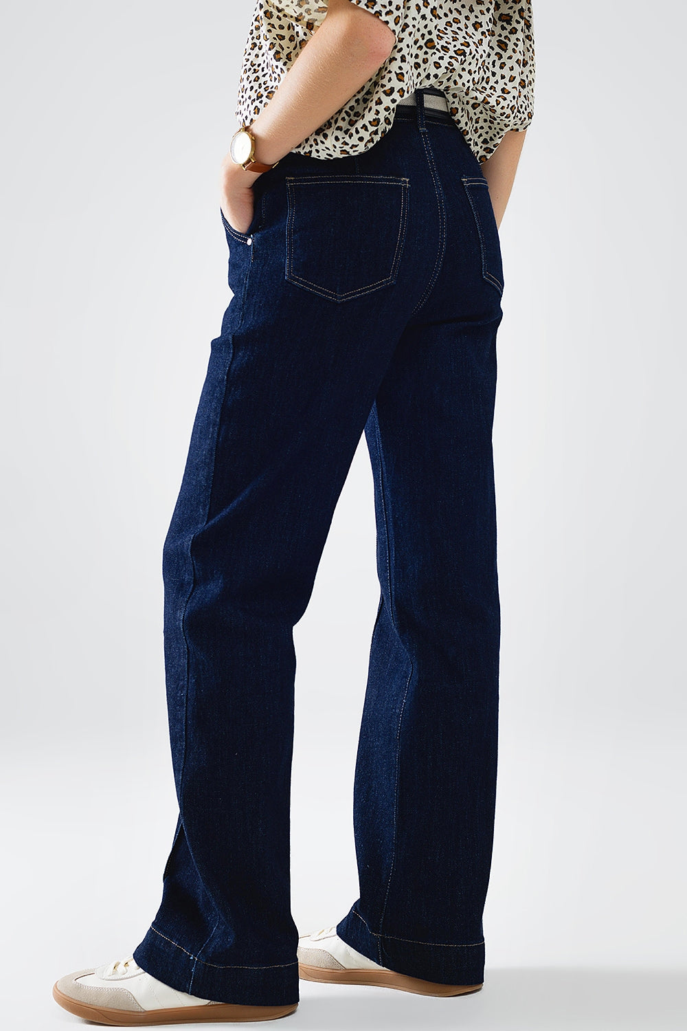 Long Straight Dark Blue Jeans With Contrast Stitching Q2 Jeans BoutiqueLua