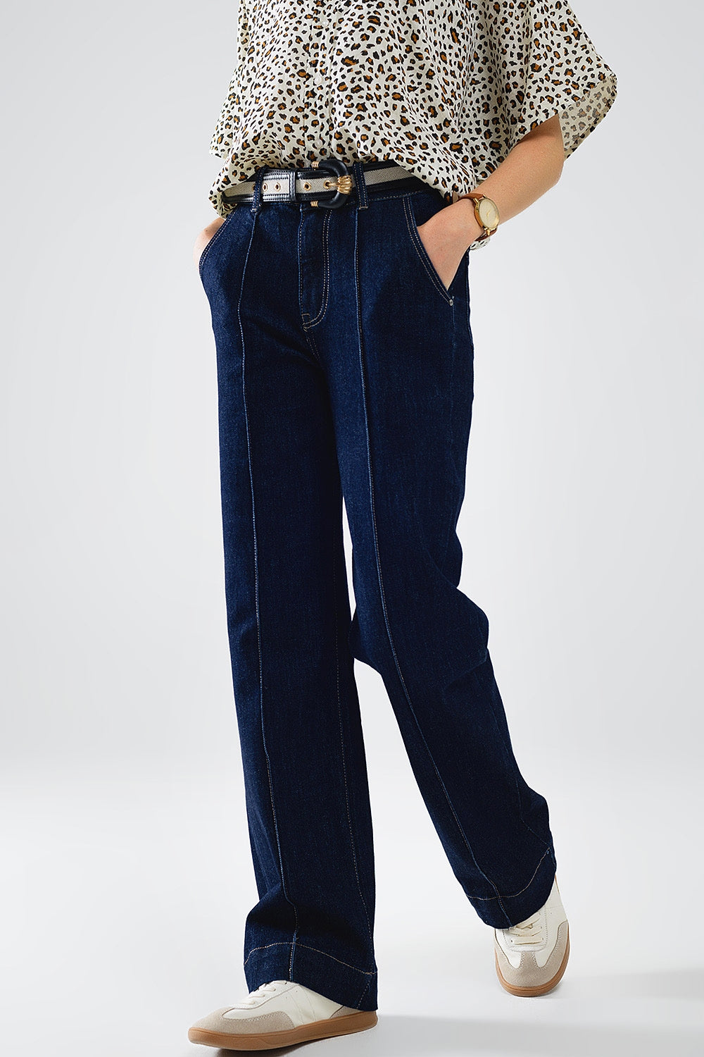 Long Straight Dark Blue Jeans With Contrast Stitching Q2 Jeans BoutiqueLua