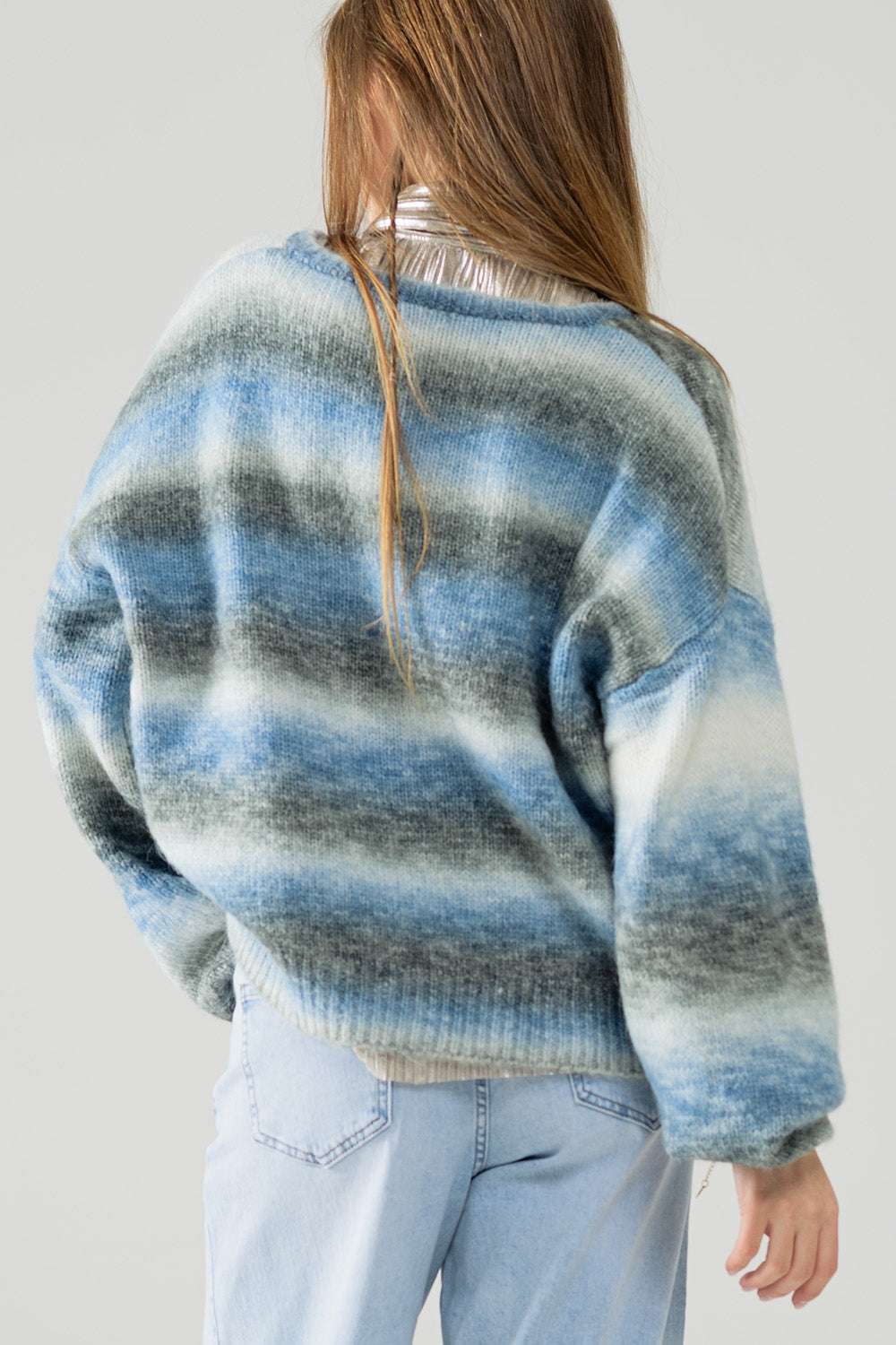 Loose V-neck sweater with blue and grey stripes