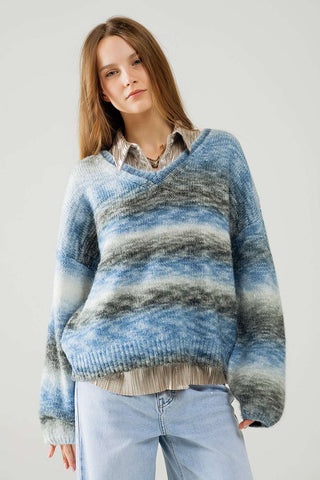 Loose V-neck sweater with blue and grey stripes