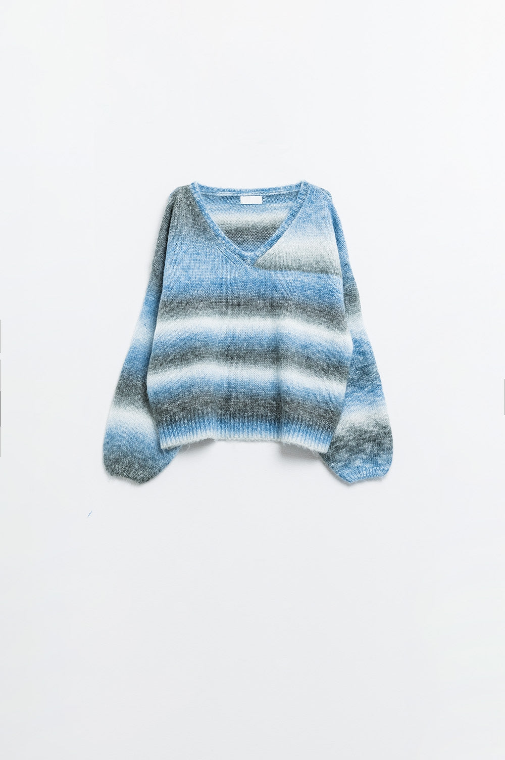 Loose V-neck sweater with blue and grey stripes