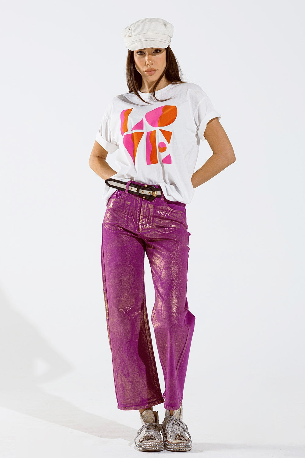 Magenta Wide Leg Jeans With Metallic Finish In Gold Q2 Jeans BoutiqueLua