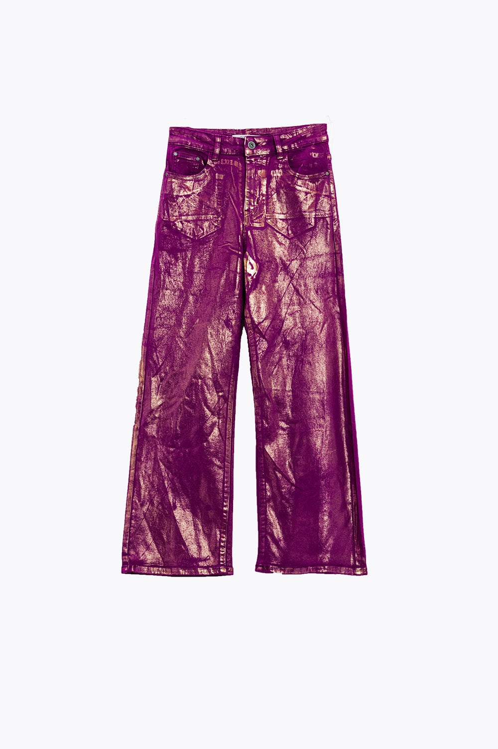 Magenta Wide Leg Jeans With Metallic Finish In Gold Q2 Jeans BoutiqueLua