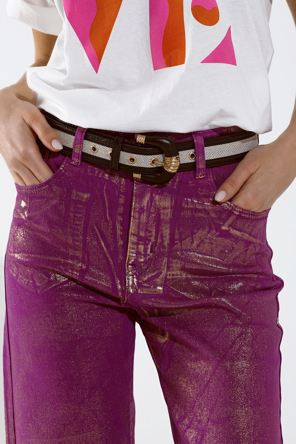 Magenta Wide Leg Jeans With Metallic Finish In Gold Q2 Jeans BoutiqueLua