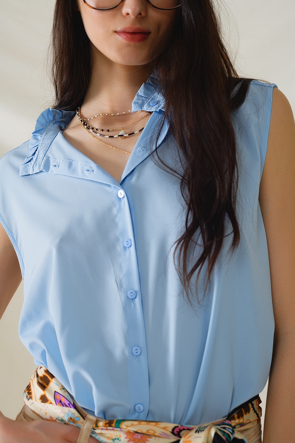 Mao Collar Sleeveless Blue Button up Blouse Q2 Shirts BoutiqueLua